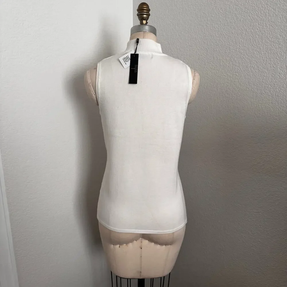 NWT Tahari Ivory Ribbed Knit Sheer Mesh Yoke Sleeveless Top Size Large - Picture 3 of 9